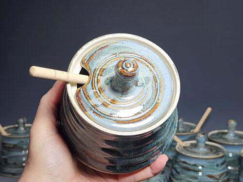 Hand-thrown Pottery Lidded Honey Jar, Ceramic Sugar Bowl, Rustic, Handmade Honey Pot With Dipper, Wheel Thrown, Each - Image 9