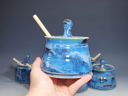 Hand-thrown Pottery Lidded Honey Jar, Ceramic Sugar Bowl, Rustic, Handmade Honey Pot With Dipper, Wheel Thrown, Each - Image 4