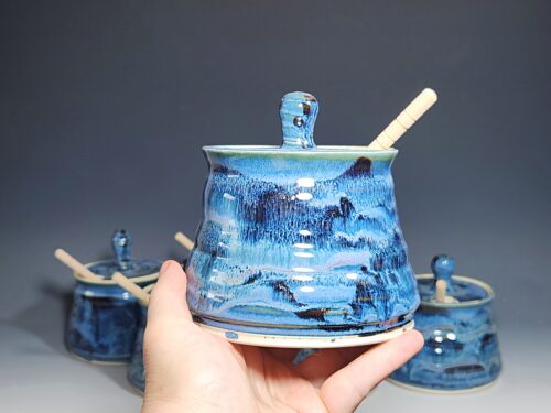 Hand-thrown Pottery Lidded Honey Jar, Ceramic Sugar Bowl, Rustic, Handmade Honey Pot With Dipper, Wheel Thrown, Each - Image 3