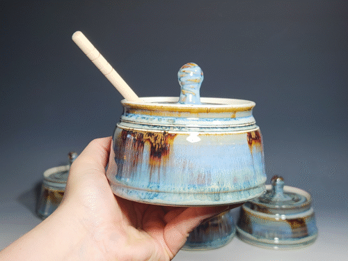 Hand-thrown Pottery Lidded Honey Jar, Ceramic Sugar Bowl, Rustic, Handmade Honey Pot With Dipper, Wheel Thrown, Each - Image 7