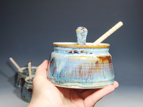 Hand-thrown Pottery Lidded Honey Jar, Ceramic Sugar Bowl, Rustic, Handmade Honey Pot With Dipper, Wheel Thrown, Each - Image 2
