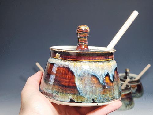 Hand-thrown Pottery Lidded Honey Jar, Ceramic Sugar Bowl, Rustic, Handmade Honey Pot With Dipper, Wheel Thrown, Each - Image 6