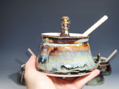 Hand-thrown Pottery Lidded Honey Jar, Ceramic Sugar Bowl, Rustic, Handmade Honey Pot With Dipper, Wheel Thrown, Each - Image 5