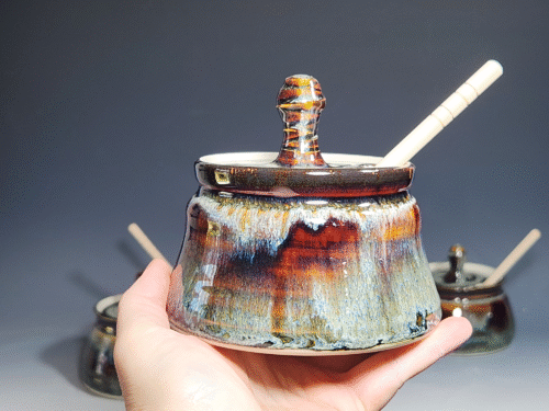 Hand-thrown Pottery Lidded Honey Jar, Ceramic Sugar Bowl, Rustic, Handmade Honey Pot With Dipper, Wheel Thrown, Each - Image 4