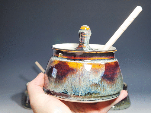 Hand-thrown Pottery Lidded Honey Jar, Ceramic Sugar Bowl, Rustic, Handmade Honey Pot With Dipper, Wheel Thrown, Each - Image 3
