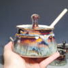 Hand-thrown Pottery Lidded Honey Jar, Ceramic Sugar Bowl, Rustic, Handmade Honey Pot With Dipper, Wheel Thrown, Each