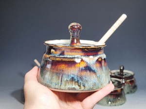 Hand-thrown Pottery Lidded Honey Jar, Ceramic Sugar Bowl, Rustic, Handmade Honey Pot With Dipper, Wheel Thrown, Each