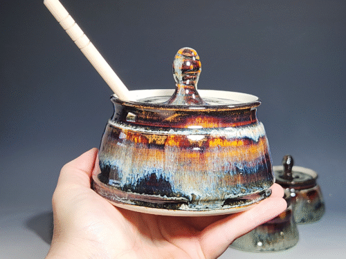 Hand-thrown Pottery Lidded Honey Jar, Ceramic Sugar Bowl, Rustic, Handmade Honey Pot With Dipper, Wheel Thrown, Each - Image 2