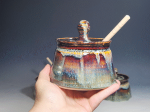 Hand-thrown Pottery Lidded Honey Jar, Ceramic Sugar Bowl, Rustic, Handmade Honey Pot With Dipper, Wheel Thrown, Each