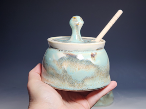 Hand-thrown Pottery Lidded Honey Jar, Ceramic Sugar Bowl, Rustic, Handmade Honey Pot With Dipper, Wheel Thrown, Each