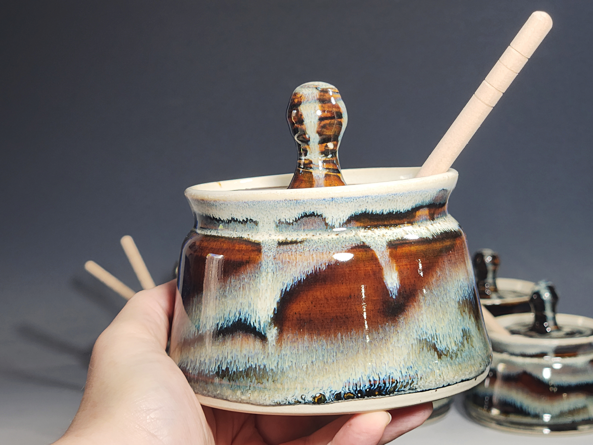 Hand-thrown Pottery Lidded Honey Jar, Ceramic Sugar Bowl, Rustic, Handmade Honey Pot With Dipper, Wheel Thrown, Each - Image 8