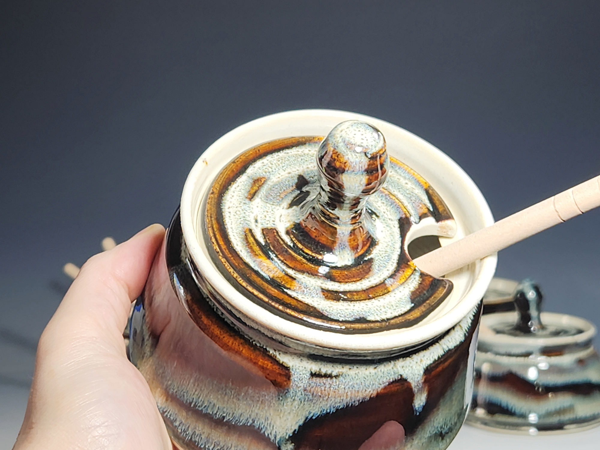 Hand-thrown Pottery Lidded Honey Jar, Ceramic Sugar Bowl, Rustic, Handmade Honey Pot With Dipper, Wheel Thrown, Each - Image 9