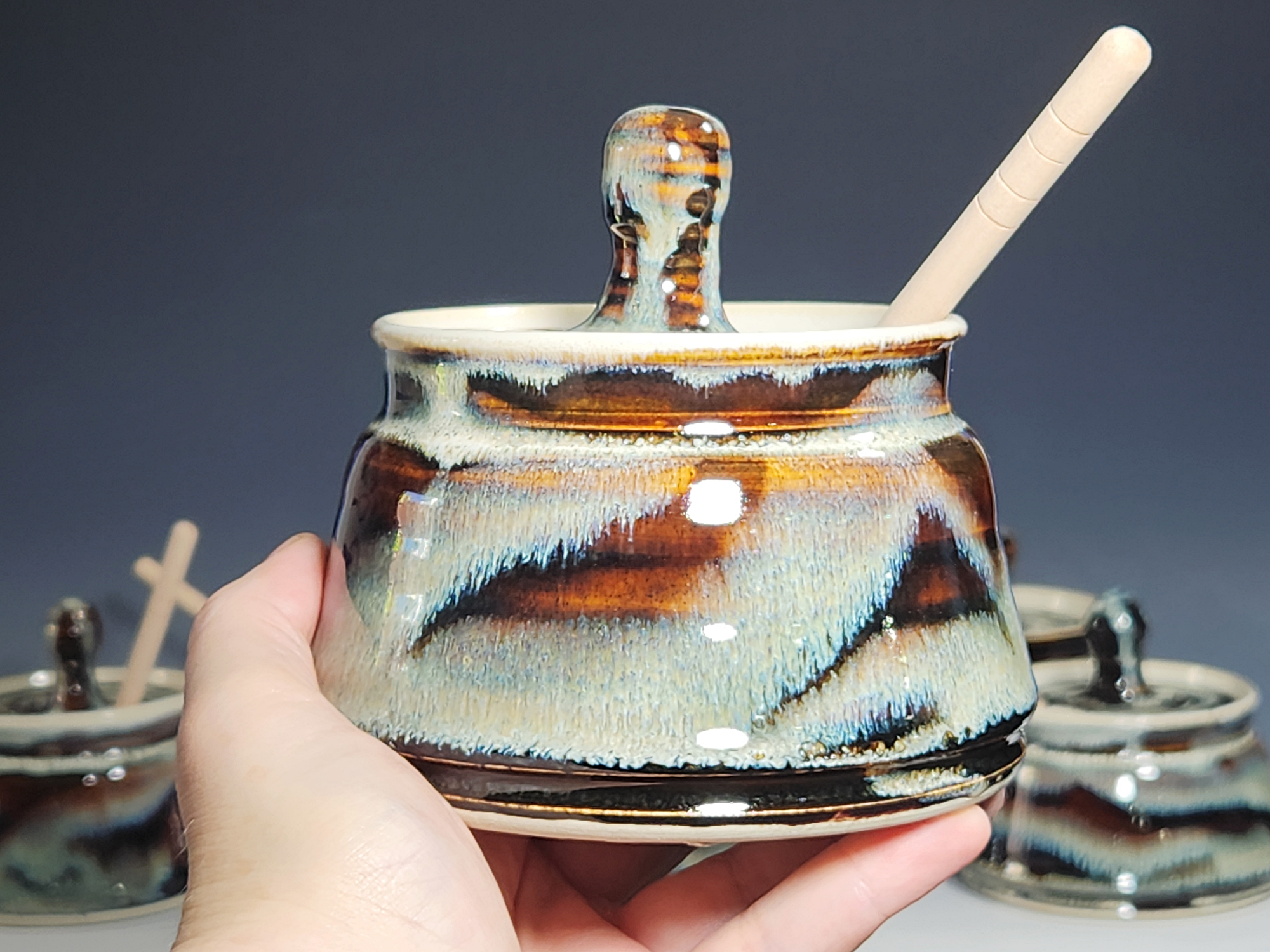 Hand-thrown Pottery Lidded Honey Jar, Ceramic Sugar Bowl, Rustic, Handmade Honey Pot With Dipper, Wheel Thrown, Each - Image 7