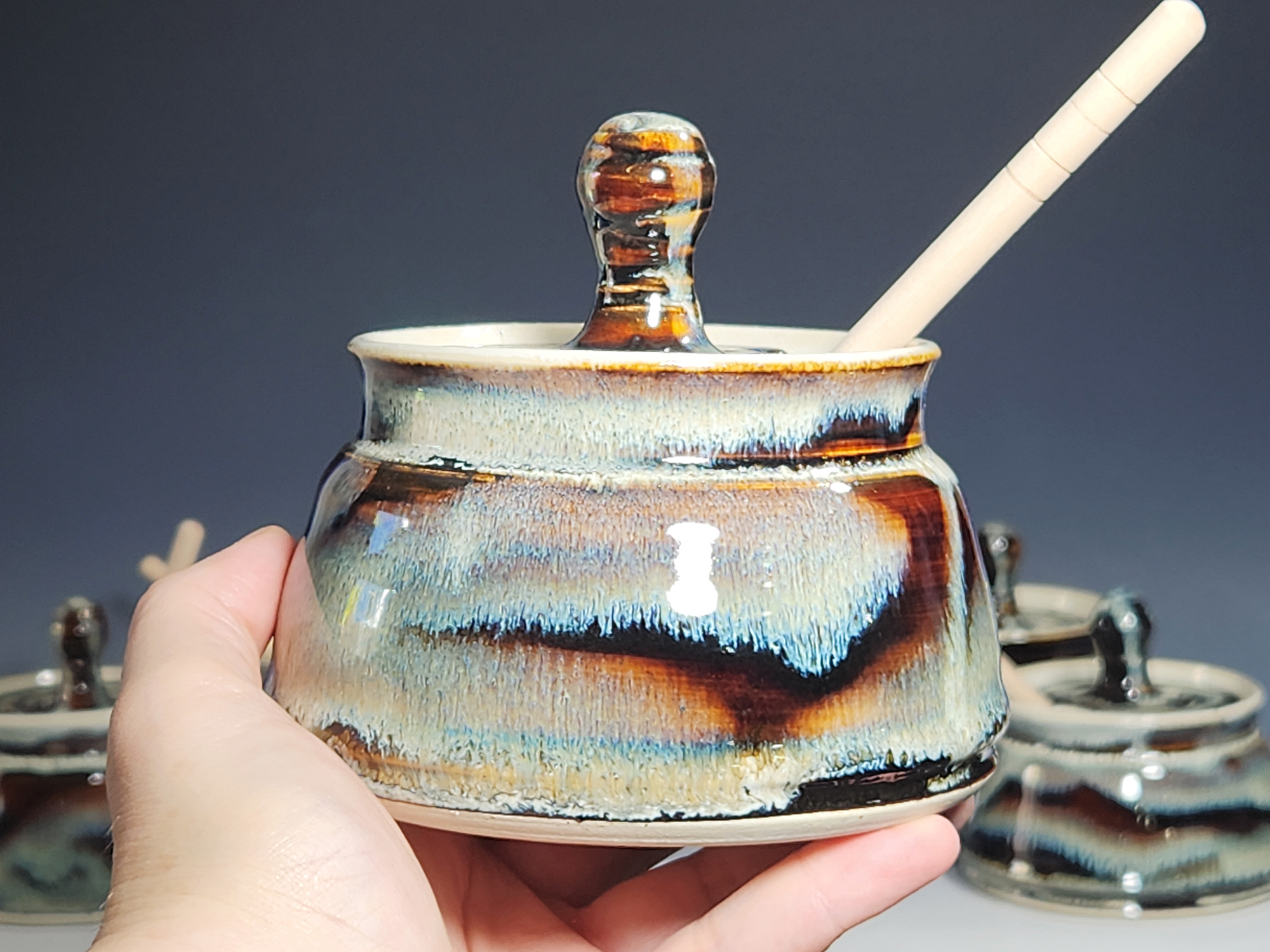 Hand-thrown Pottery Lidded Honey Jar, Ceramic Sugar Bowl, Rustic, Handmade Honey Pot With Dipper, Wheel Thrown, Each - Image 6