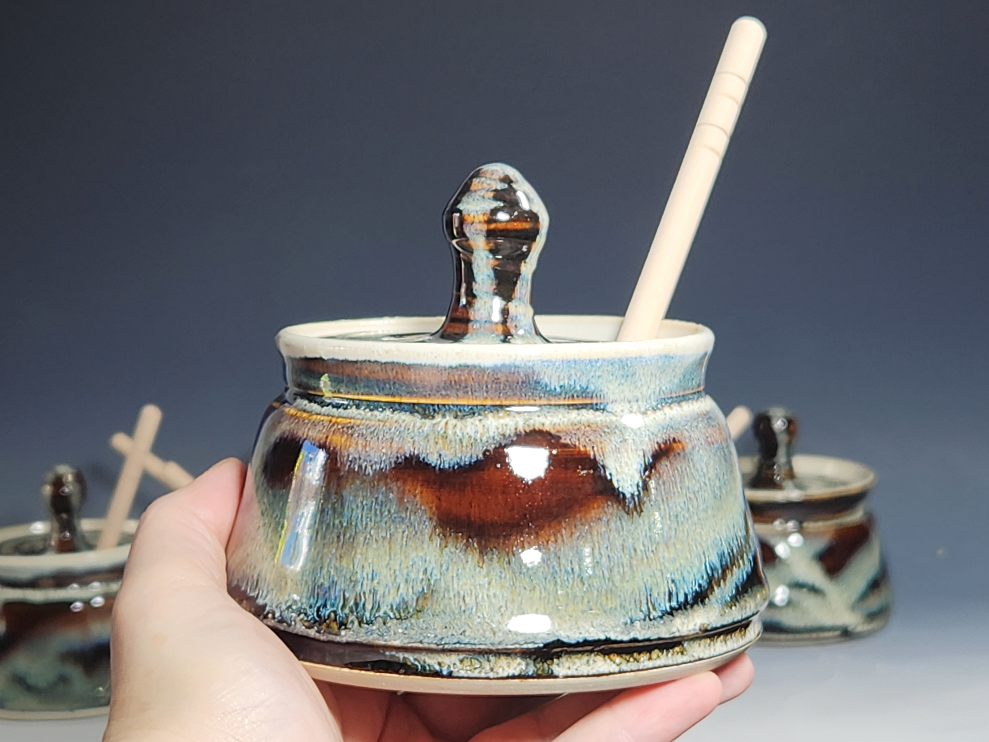 Hand-thrown Pottery Lidded Honey Jar, Ceramic Sugar Bowl, Rustic, Handmade Honey Pot With Dipper, Wheel Thrown, Each - Image 5