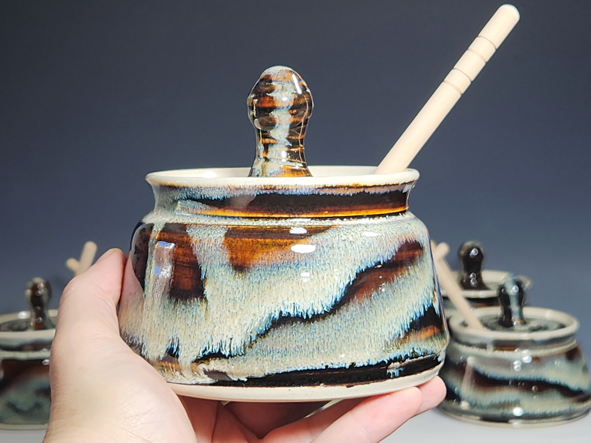 Hand-thrown Pottery Lidded Honey Jar, Ceramic Sugar Bowl, Rustic, Handmade Honey Pot With Dipper, Wheel Thrown, Each - Image 3