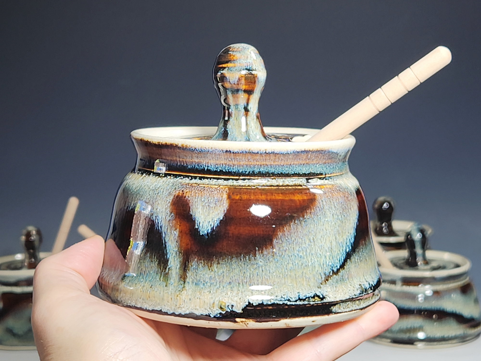 Hand-thrown Pottery Lidded Honey Jar, Ceramic Sugar Bowl, Rustic, Handmade Honey Pot With Dipper, Wheel Thrown, Each