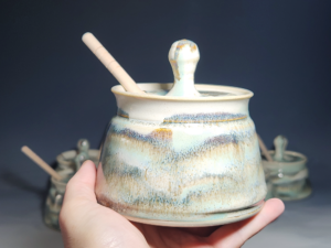 Hand-thrown Pottery Lidded Honey Jar, Ceramic Sugar Bowl, Rustic, Handmade Honey Pot With Dipper, Wheel Thrown, Each